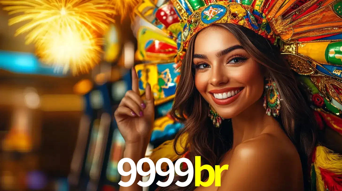 Mulher sorridente com um cocar de carnaval vibrante e colorido, celebrando uma grande vitória nos jogos do cassino 9999br com fogos de artifício ao fundo.