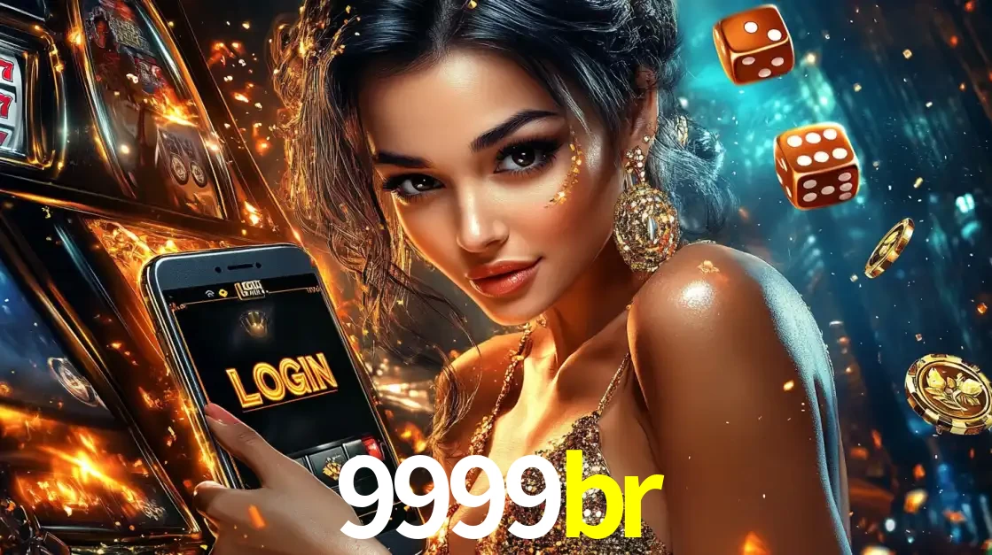 Mulher glamourosa segurando um celular com a tela de login do cassino 9999br, rodeada por dados e moedas douradas, pronta para começar a diversão.