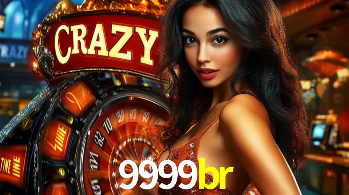 Mulher glamourosa olhando para a câmera com a roda vermelha do Crazy Time ao fundo em um ambiente de cassino, destacando a emoção dos jogos ao vivo no 9999br.