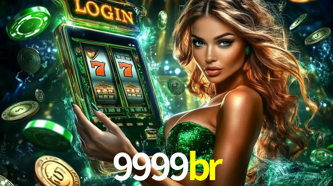 Mulher com tema verde apresentando o aplicativo do cassino 9999br com um jogo de slot de 777, cercada por fichas de cassino e uma aura de sorte.