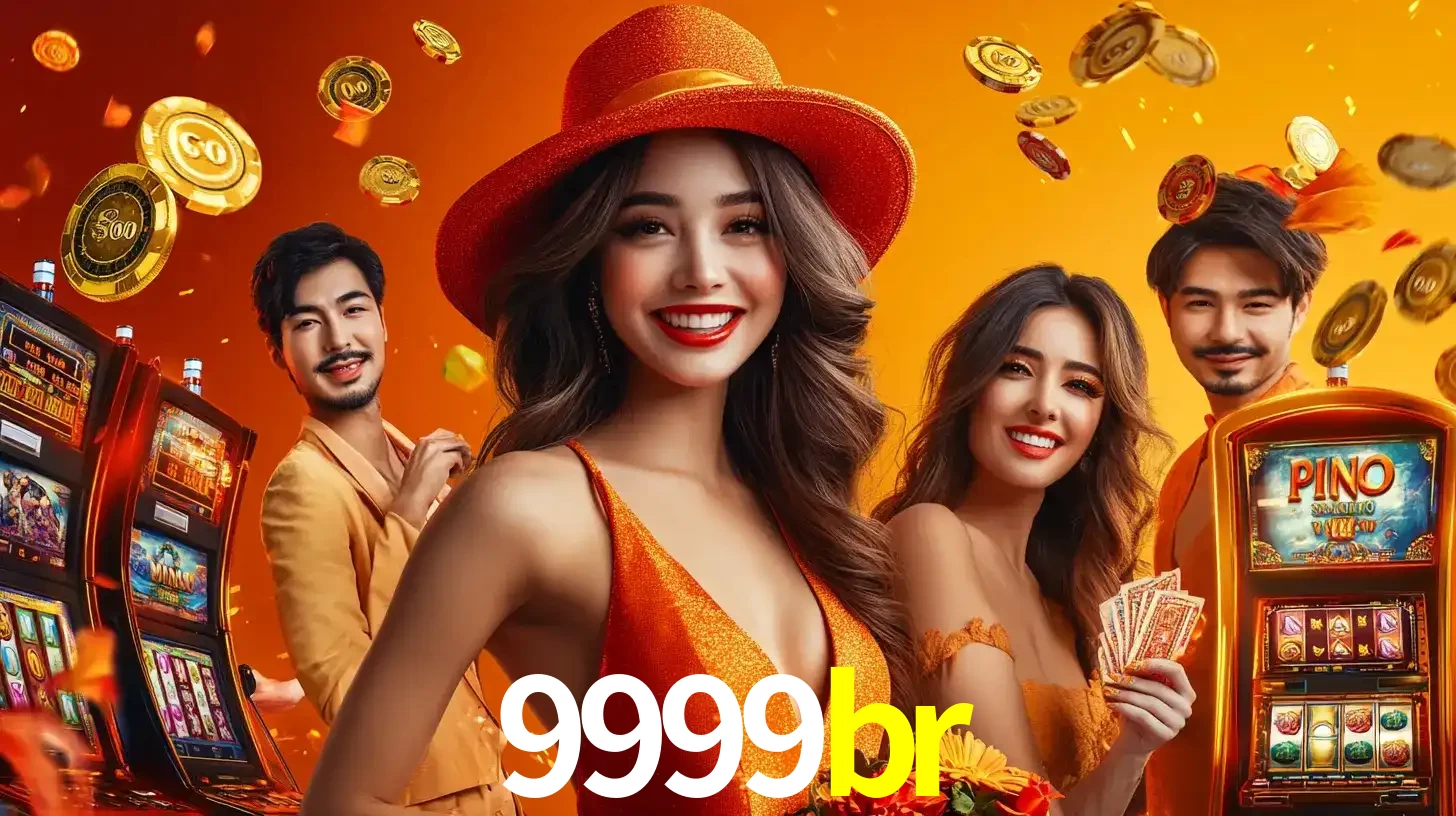 Grupo de amigos asiáticos sorrindo e se divertindo com máquinas de caça-níqueis em um ambiente festivo, celebrando suas vitórias nos jogos de cassino do 9999br.