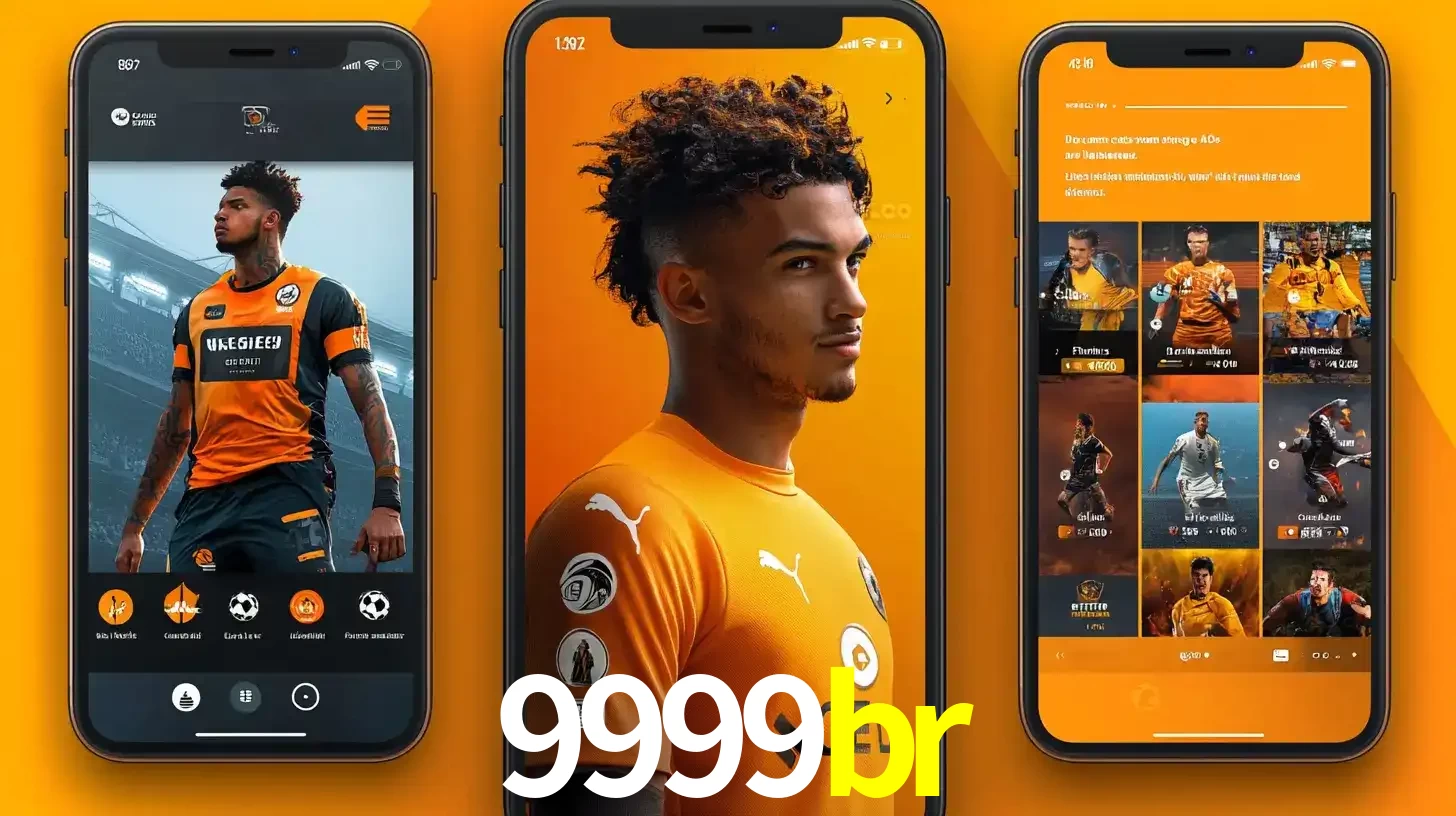 Interface do aplicativo de apostas esportivas 9999br em três telas de celular, mostrando o perfil de um jogador de futebol e a lista de jogos disponíveis para apostar.