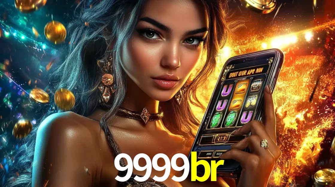 Mulher elegante mostrando um jogo de caça-níqueis em seu smartphone, destacando a experiência de cassino móvel oferecida pelo aplicativo 9999br.