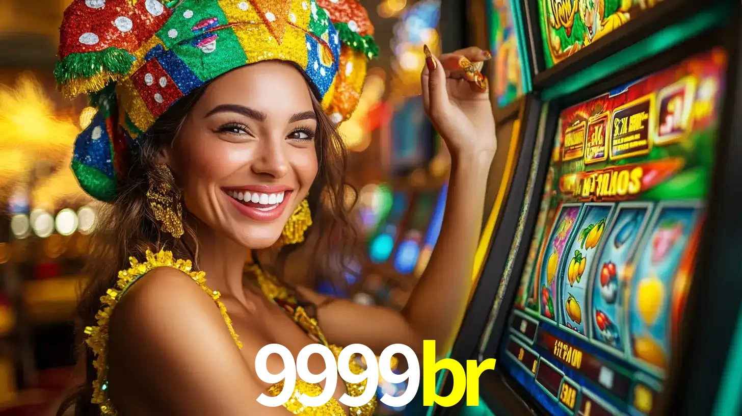Mulher feliz com traje de carnaval amarelo e colorido ao lado de uma máquina de caça-níqueis, aproveitando a diversão e os jogos temáticos do cassino 9999br.