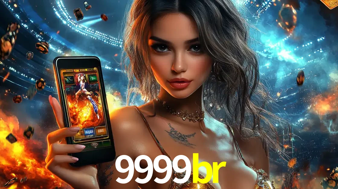 Mulher segurando um celular com um jogo de slot em destaque, tendo como fundo um estádio vibrante, simbolizando a emoção de jogar no cassino móvel 9999br.