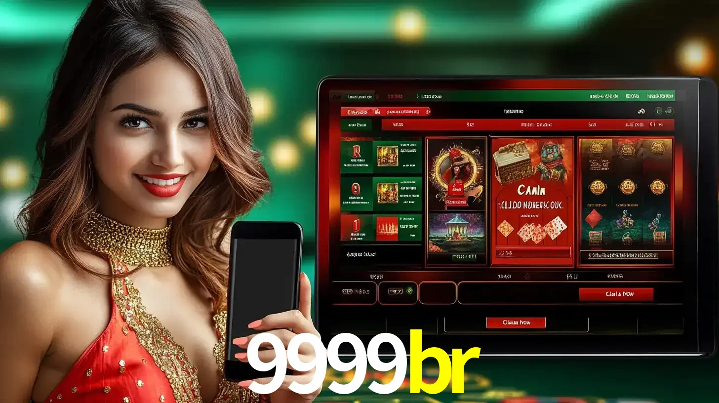Mulher sorridente segurando um smartphone, ao lado de uma tela exibindo o lobby de jogos do cassino online 9999br, com várias opções de jogos de cartas e slots.